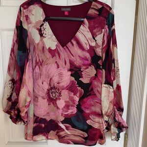Vince Camuto Floral V-Neck Blouse - Pink and Black